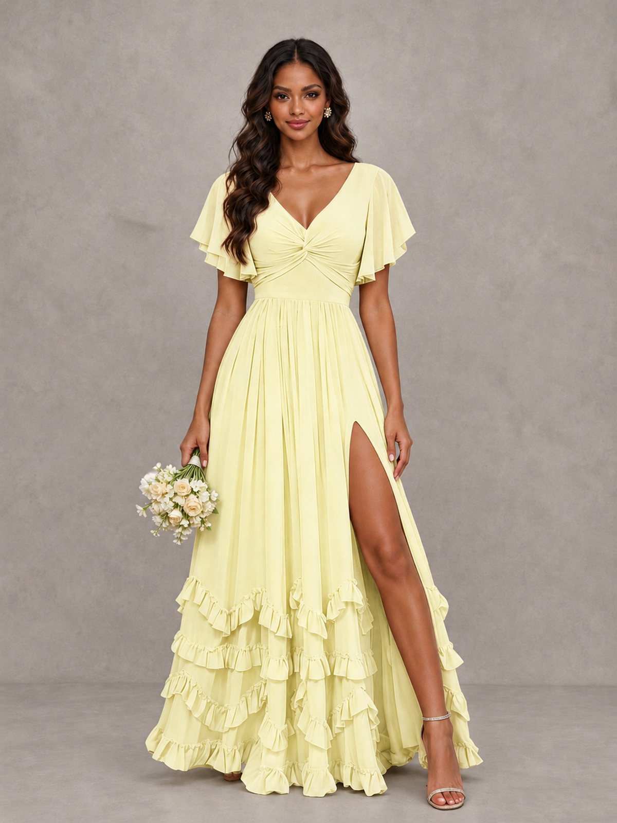 BOLODOO Light Yellow V-Neck Flutter Sleeve Ruffle Bridesmaid Dress with Slit - Light Yellow - Light Yellow (1)