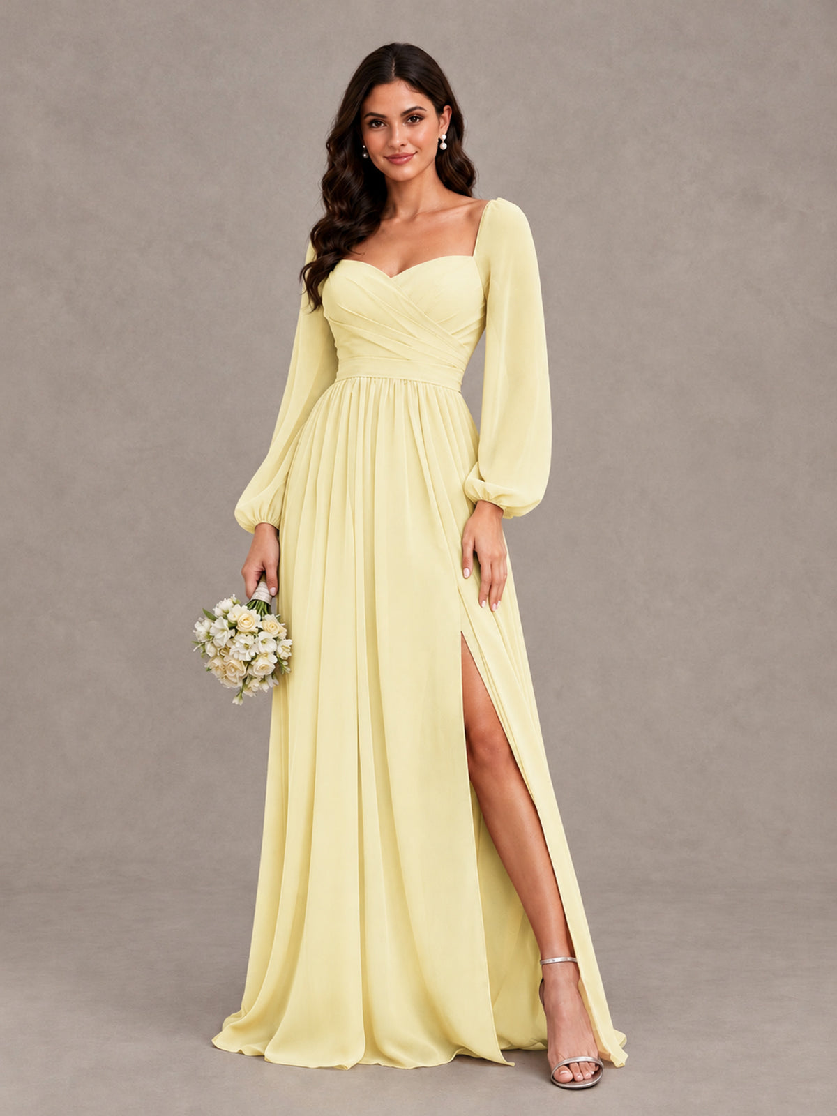 BOLODOO Light Yellow Long Sleeve Chiffon Bridesmaid Dress with Slit - Light Yellow - Light Yellow (1)