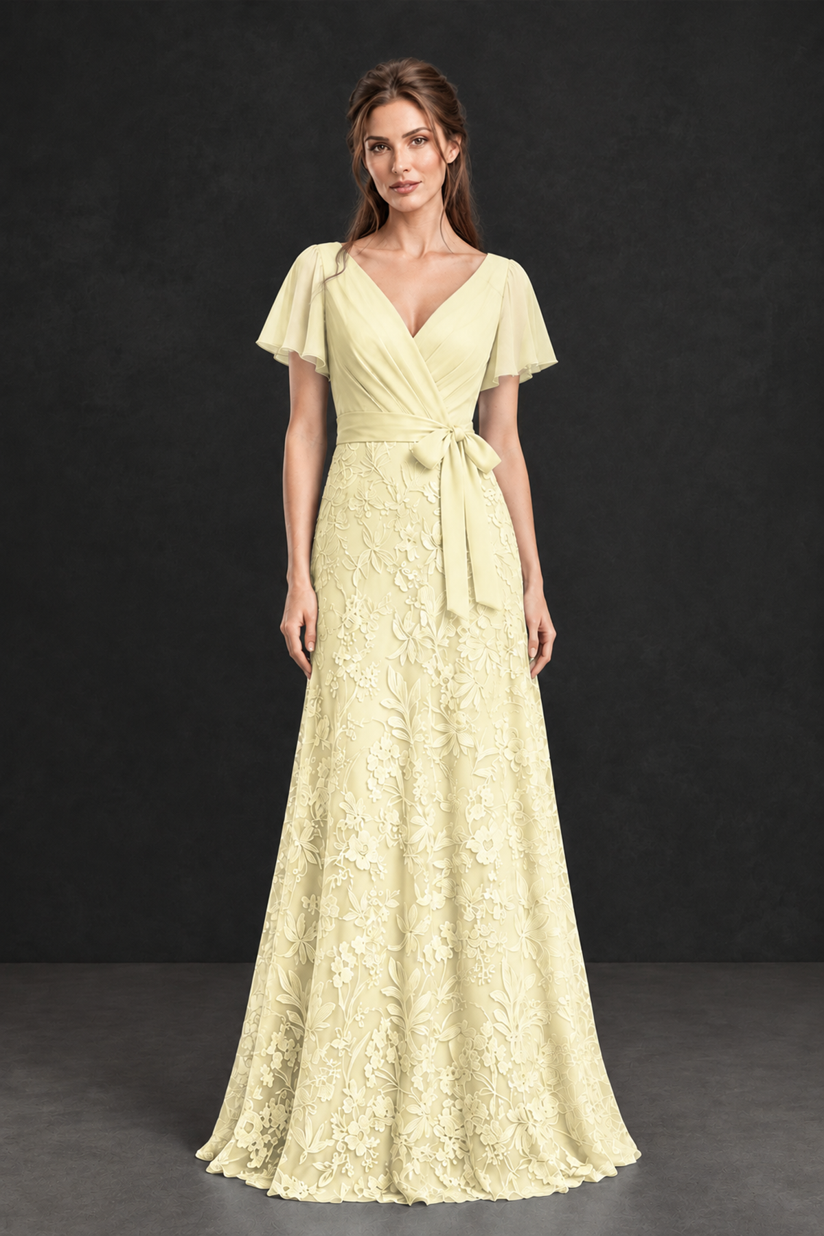 BOLODOO Light Yellow Flutter Sleeve Lace Mother of the Bride Dress - Light Yellow
