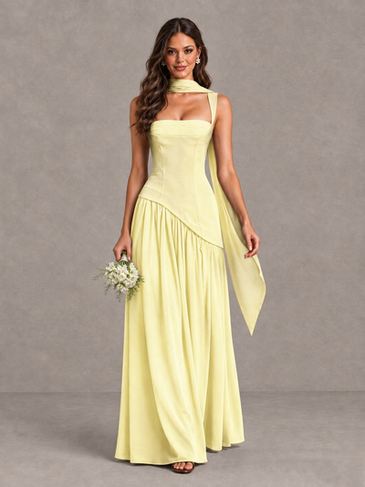 BOLODOO Light Yellow Brown Scarf Bridesmaid Dress with Lace-Up Back - Light Yellow - Light Yellow (1)