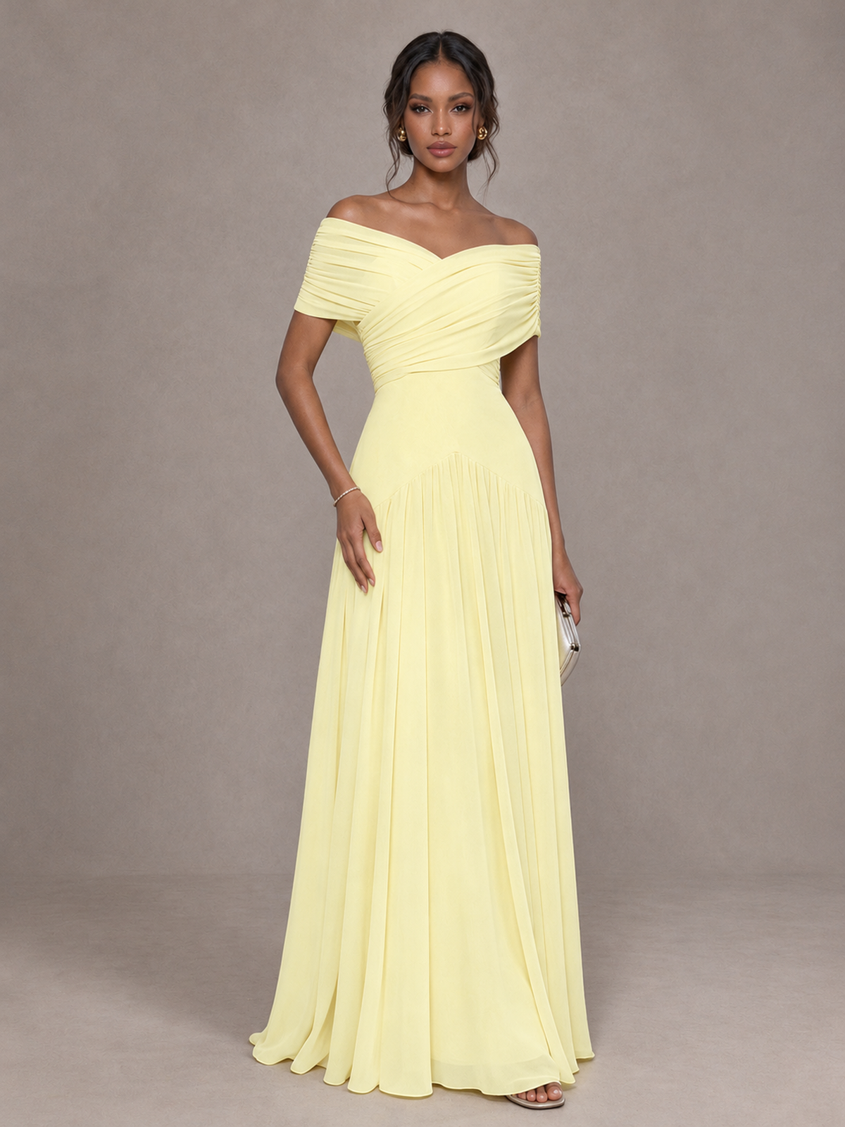 BOLODOO Light Yellow Off-Shoulder Ruched A-Line Bridesmaid Dress - Light Yellow - Light Yellow (1)