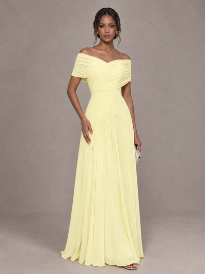 BOLODOO Light Yellow Off-Shoulder Ruched A-Line Bridesmaid Dress - Light Yellow - Light Yellow (1)