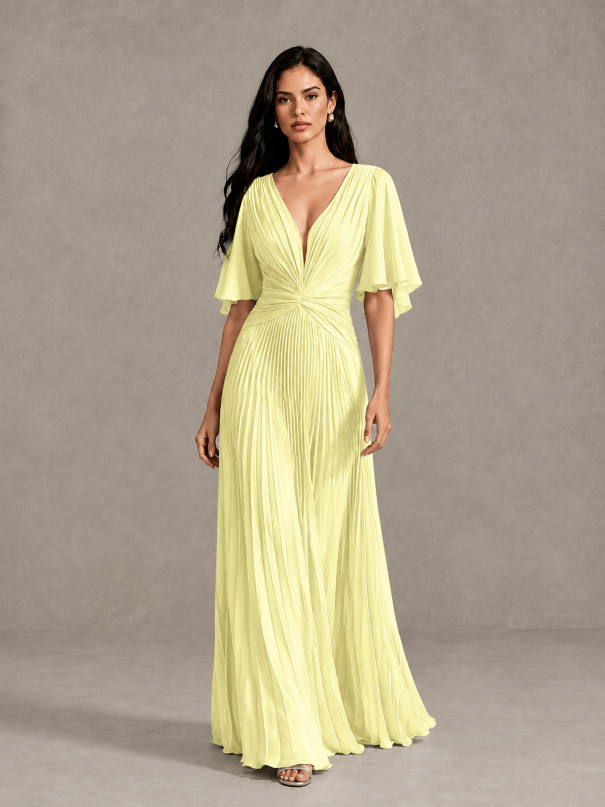 BOLODOO Light Yellow Pleated V-Neck Flutter Sleeve Bridesmaid Dress - Light Yellow - Light Yellow (1)