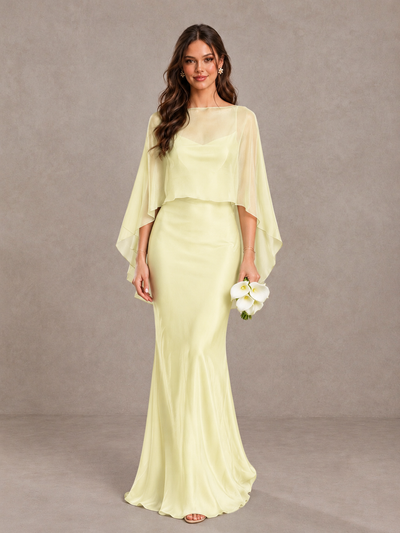 BOLODOO Light Yellow Satin Mermaid Bridesmaid Dress with Chiffon Cape - Light Yellow - Light Yellow (1)