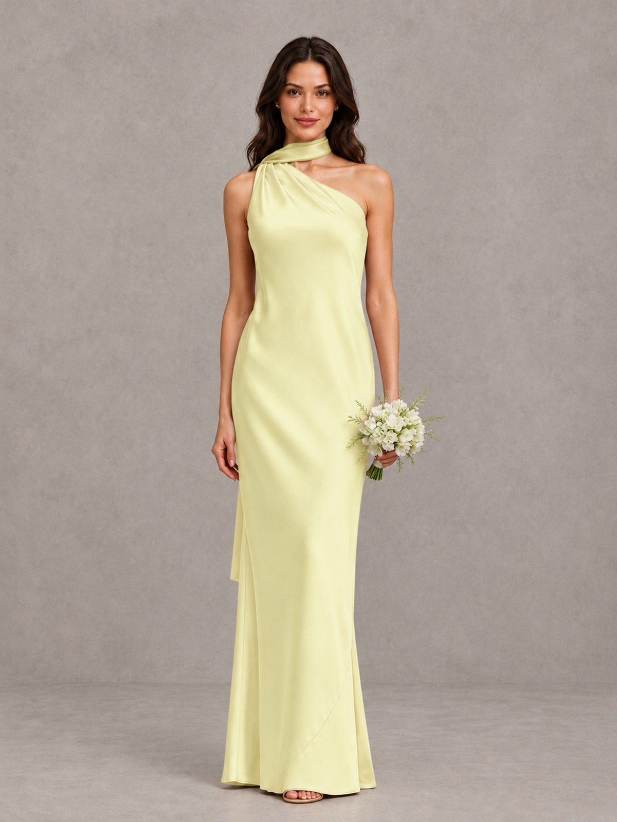 BOLODOO Light Yellow Satin One-Shoulder Bridesmaid Dress with Open Back - Light Yellow - Light Yellow (1)