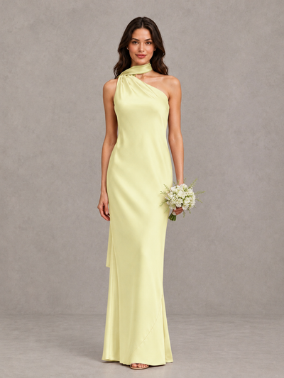 BOLODOO Light Yellow Satin One-Shoulder Bridesmaid Dress with Open Back - Light Yellow - Light Yellow (1)