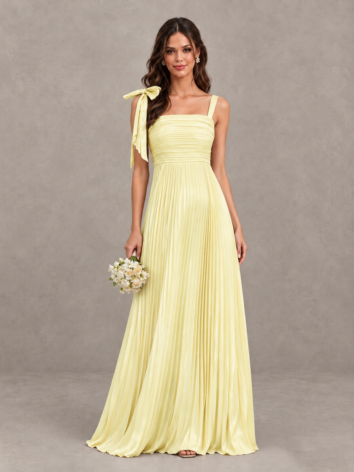 BOLODOO Light Yellow Pleated Bow-Strap Bridesmaid Maxi Dress - Light Yellow - Light Yellow (1)