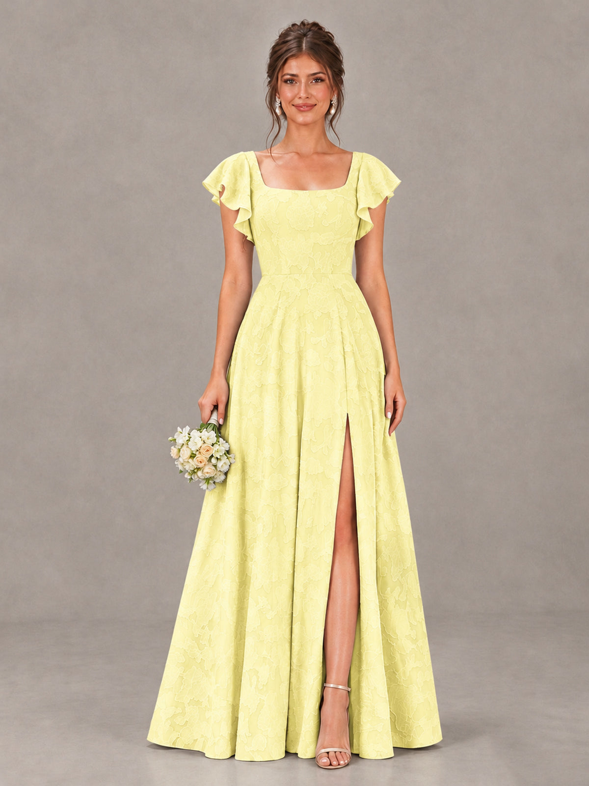 BOLODOO Light Yellow Floral Flutter Sleeve Bridesmaid Dress with Slit - Light Yellow - Light Yellow (1)