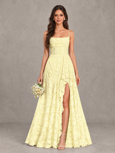 BOLODOO Light Yellow Floral Appliqué Slit Maxi Dress - Light Yellow - Light Yellow (1)