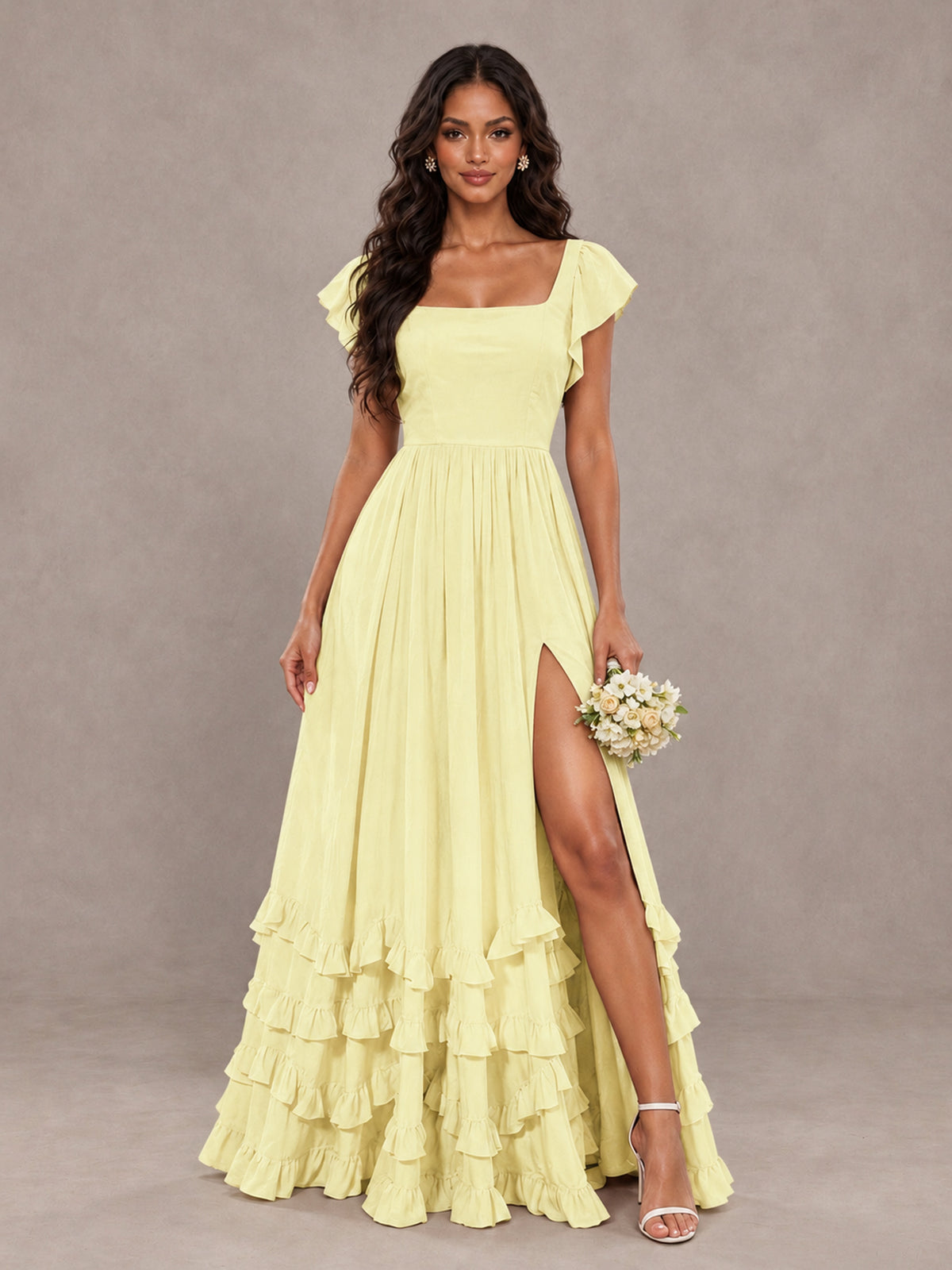 BOLODOO Light Yellow Flutter Sleeve Ruffle Bridesmaid Dress with Slit - Light Yellow - Light Yellow (1)