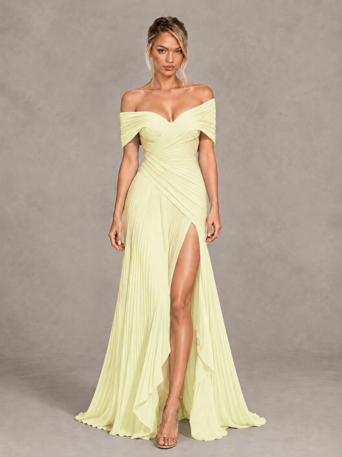 BOLODOO Light Yellow Off-Shoulder Ruched Pleated Maxi Dress with High Slit - Light Yellow - Light Yellow (1)