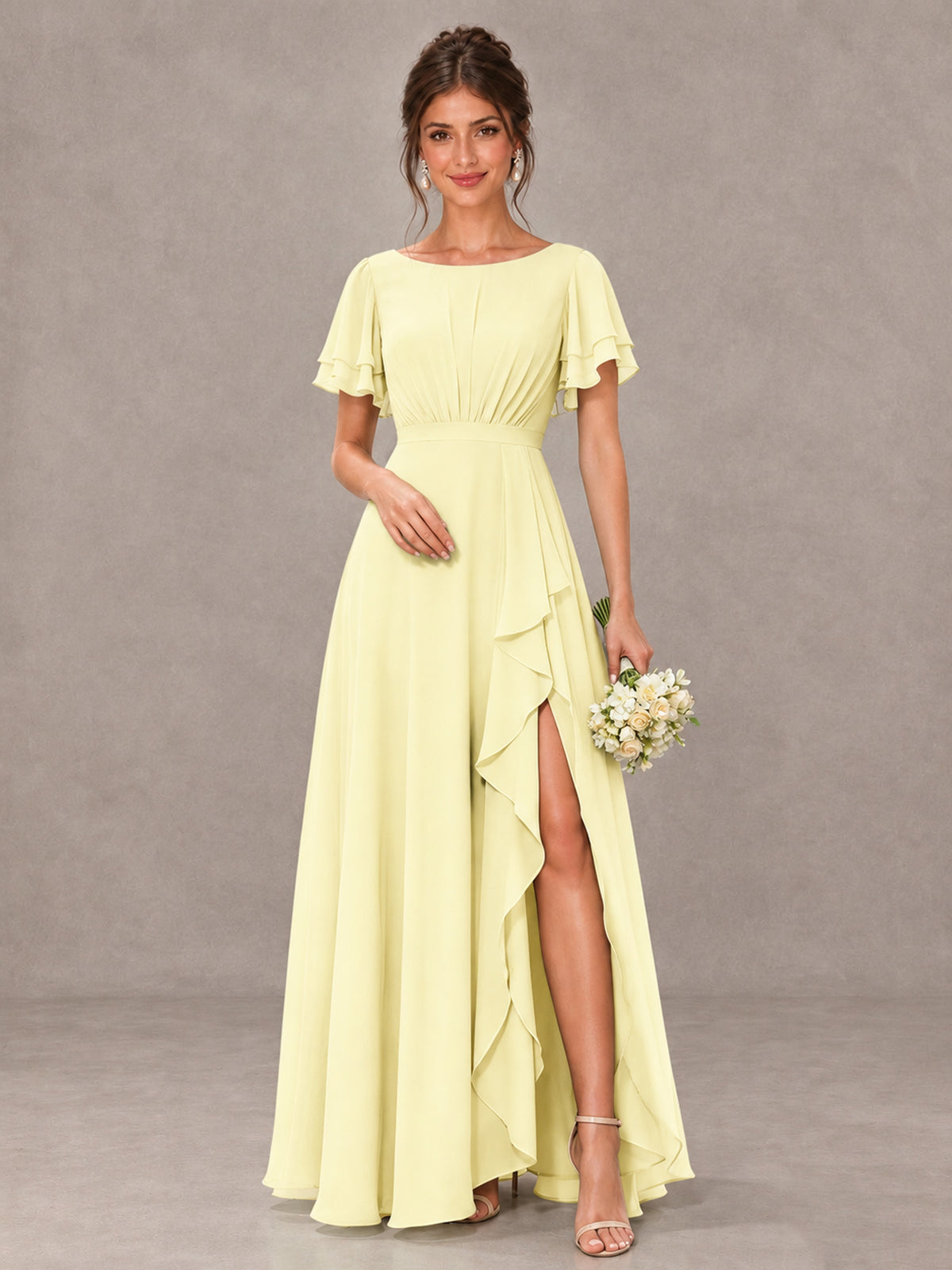 BOLODOO Light Yellow Flutter Sleeve Ruffle Bridesmaid Dress with Slit - Light Yellow - Light Yellow (1)