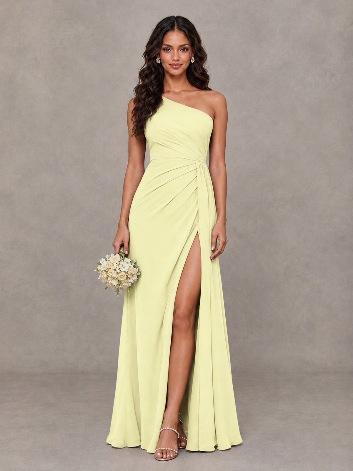 BOLODOO Light Yellow One-Shoulder Chiffon Bridesmaid Dress with Ruched Bodice & High Slit - Light Yellow - Light Yellow (1)