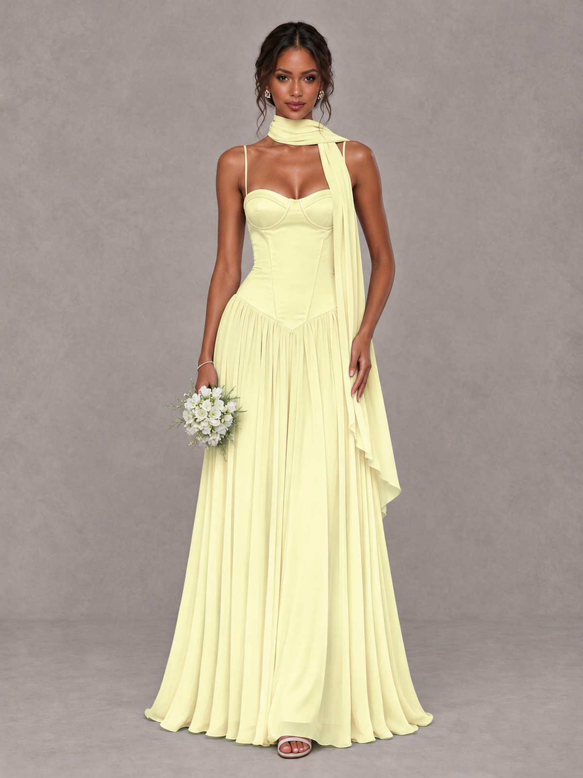 BOLODOO Light Yellow Corset Bridesmaid Dress with Scarf - Light Yellow - Light Yellow (1)