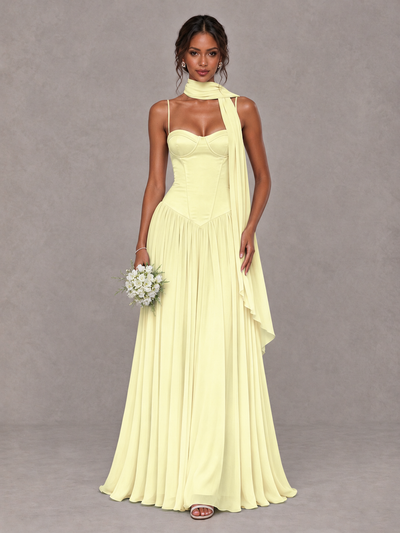 BOLODOO Light Yellow Corset Bridesmaid Dress with Scarf - Light Yellow - Light Yellow (1)