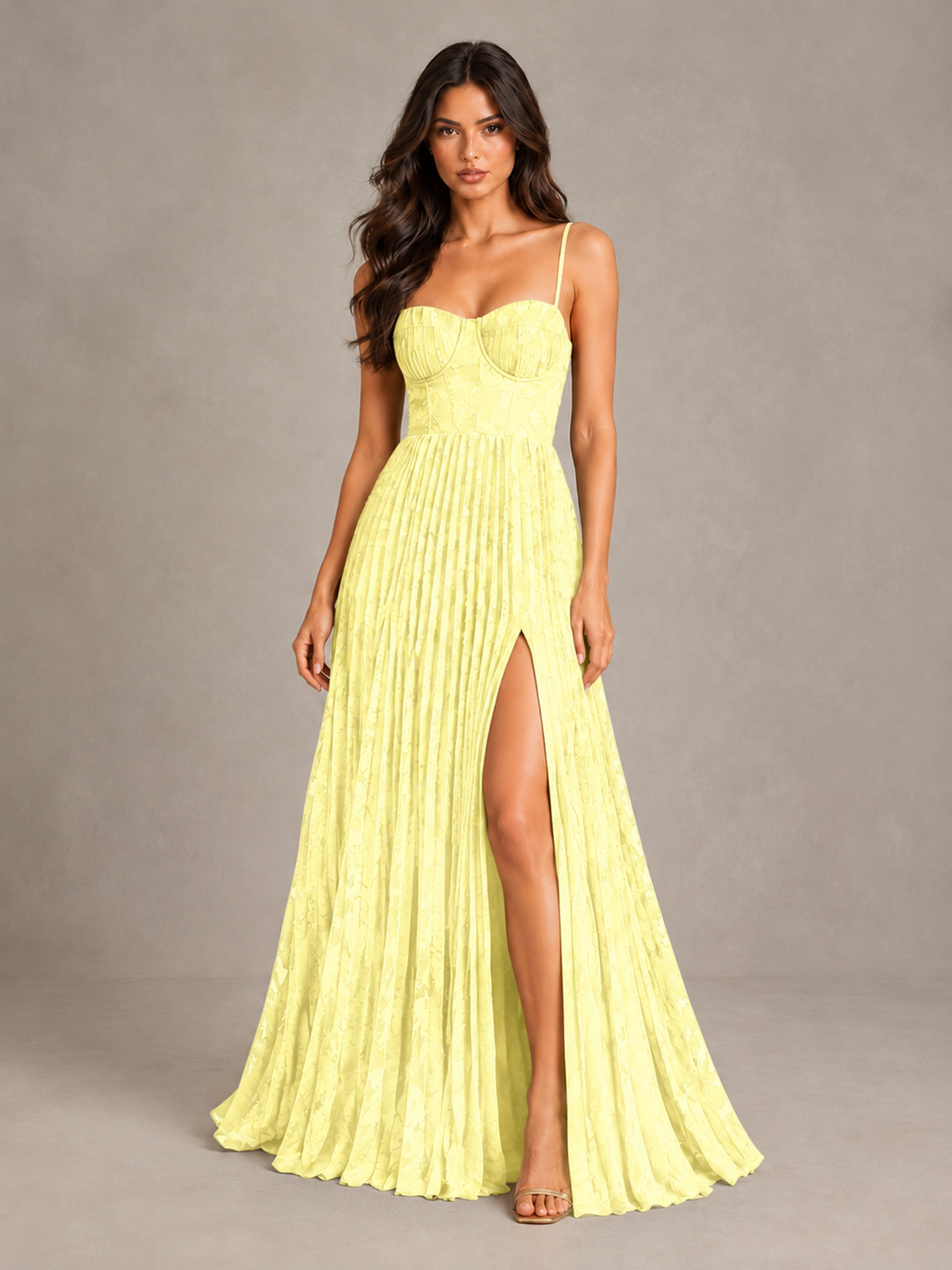 BOLODOO Light Yellow Pleated Bridesmaid Dress with Sweetheart Neckline & Slit - Light Yellow - Light Yellow (1)