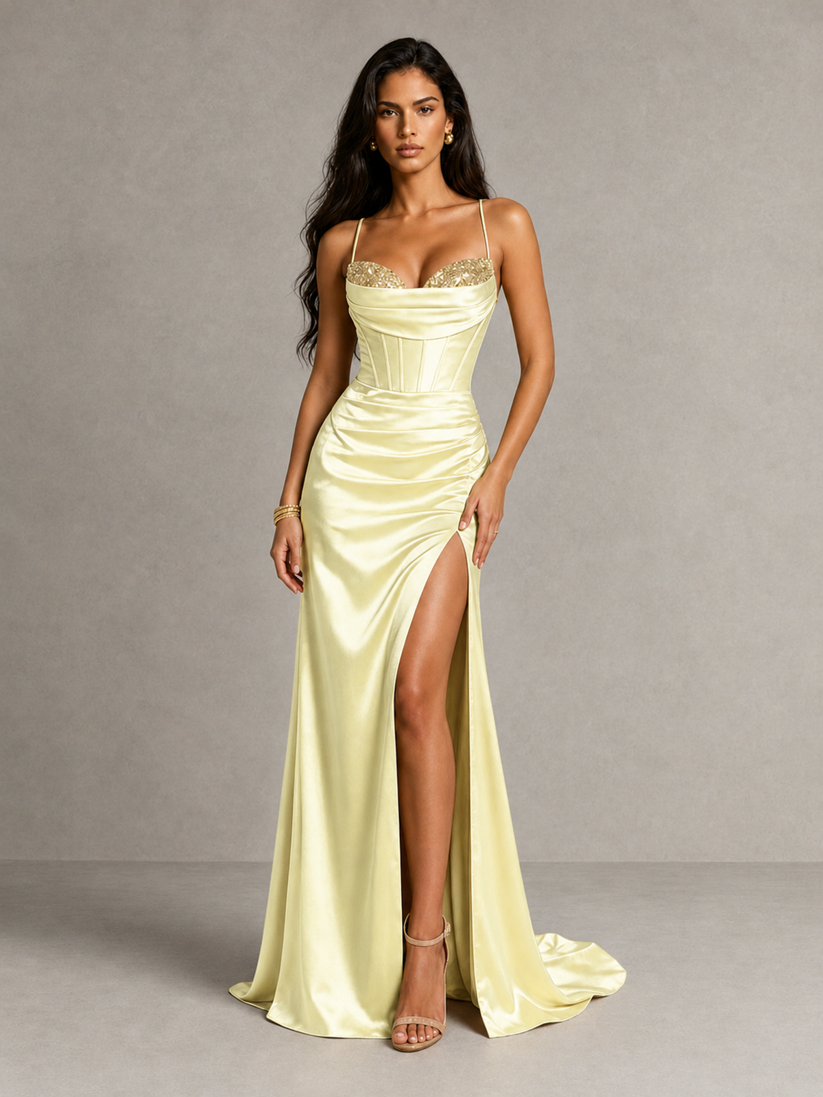 BOLODOO Light Yellow Satin Corset Prom Dress with High Slit & Lace-Up Back - Light Yellow - Light Yellow (1)