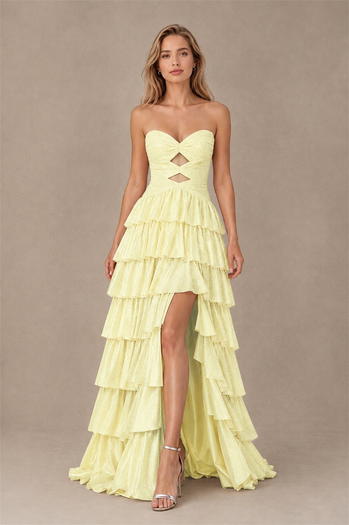 BOLODOO Light Yellow Strapless Cutout Tiered Ruffle Prom Dress with High Slit - Light Yellow - Light Yellow (1)