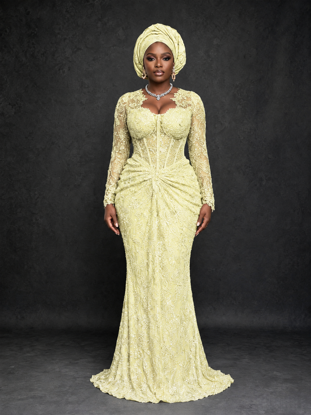BOLODOO Light Yellow Beaded Lace Long Sleeve Mermaid Gown Sweetheart | Mother of the Bride - Light Yellow