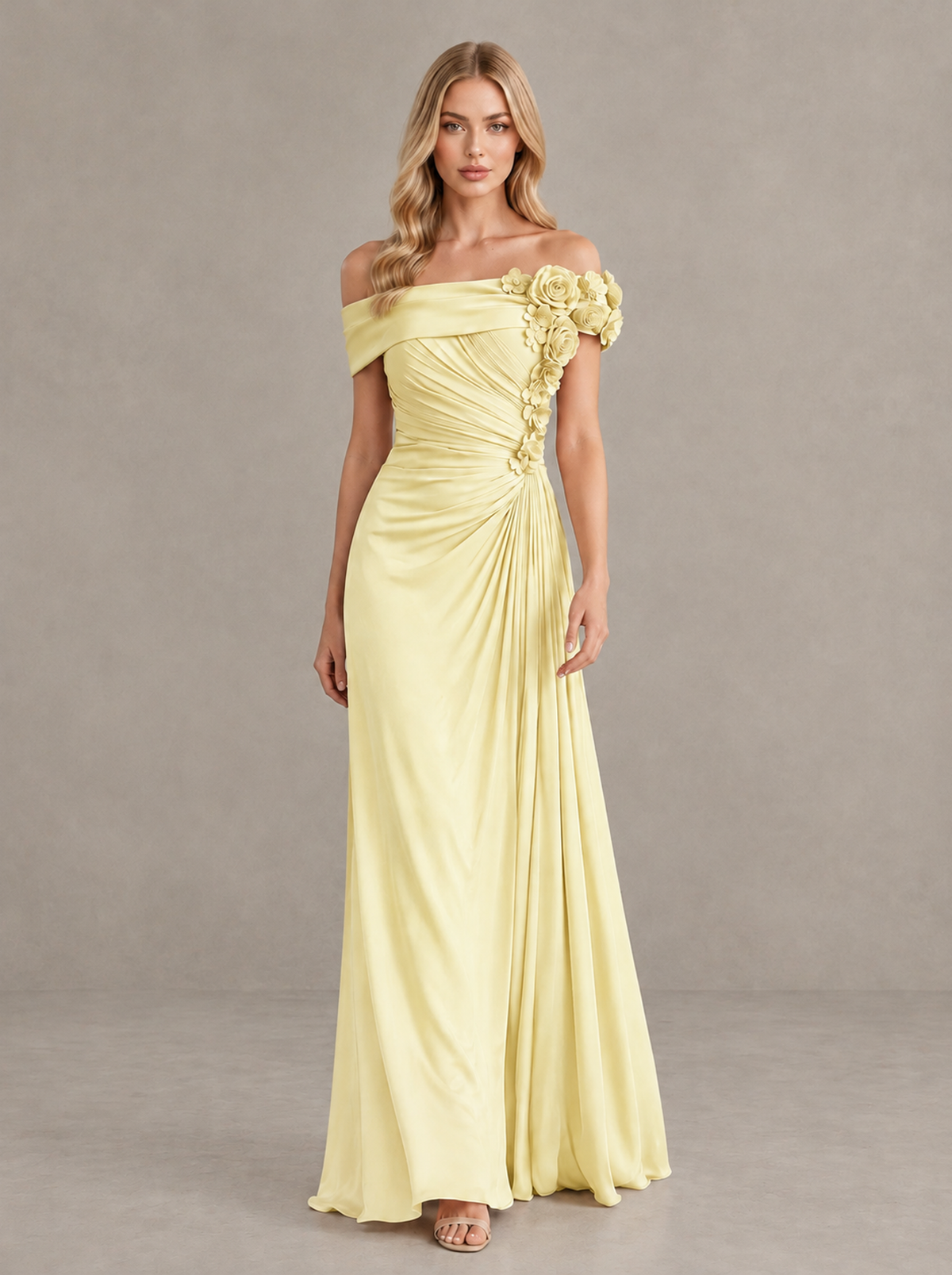 BOLODOO Light Yellow Off-Shoulder Floral Applique Wedding Guest Maxi Dress - Light Yellow - Light Yellow (1)