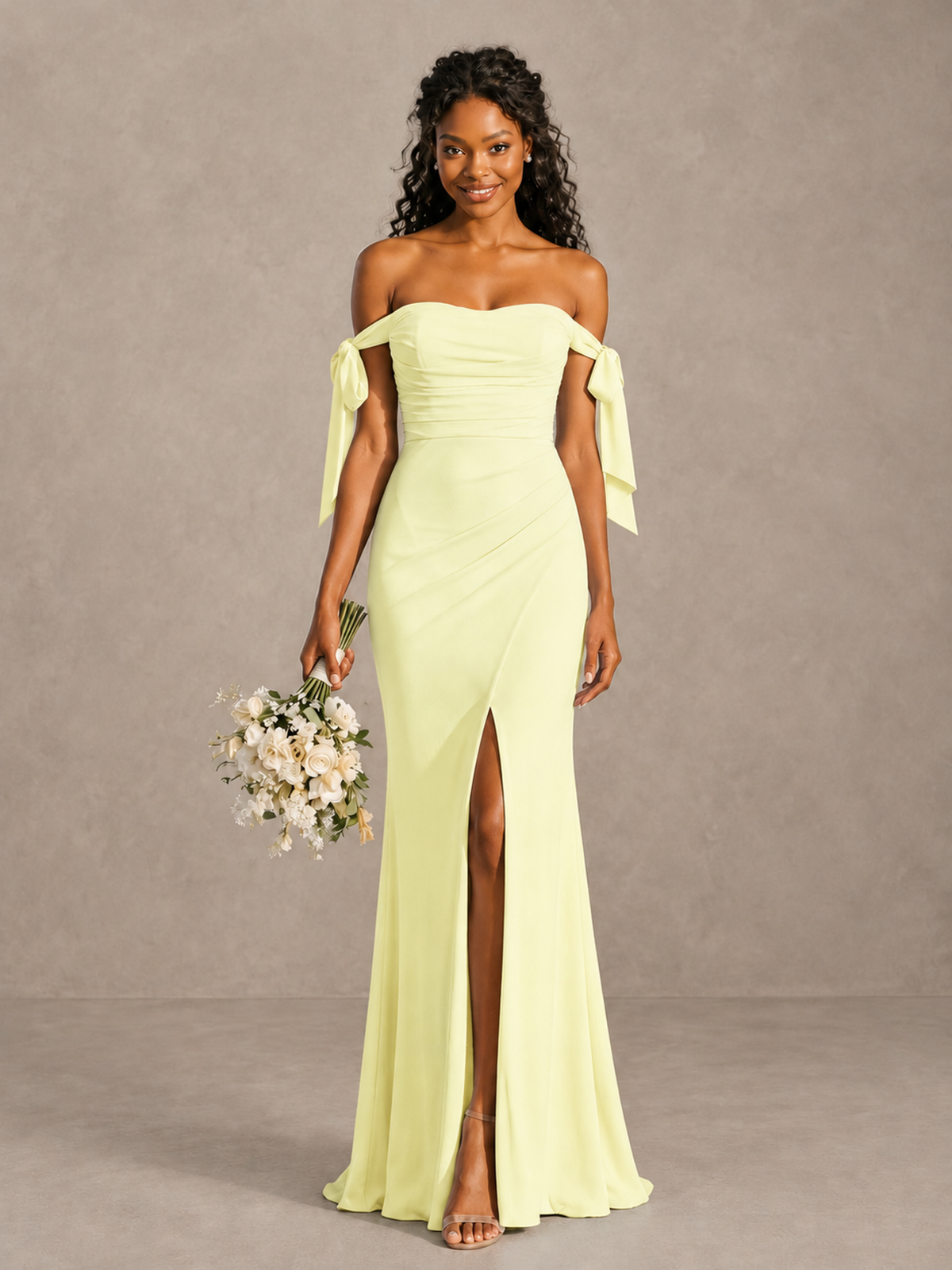 Light Yellow Off-Shoulder Bow Bridesmaid Dress with Slit - Light Yellow - Light Yellow (1)