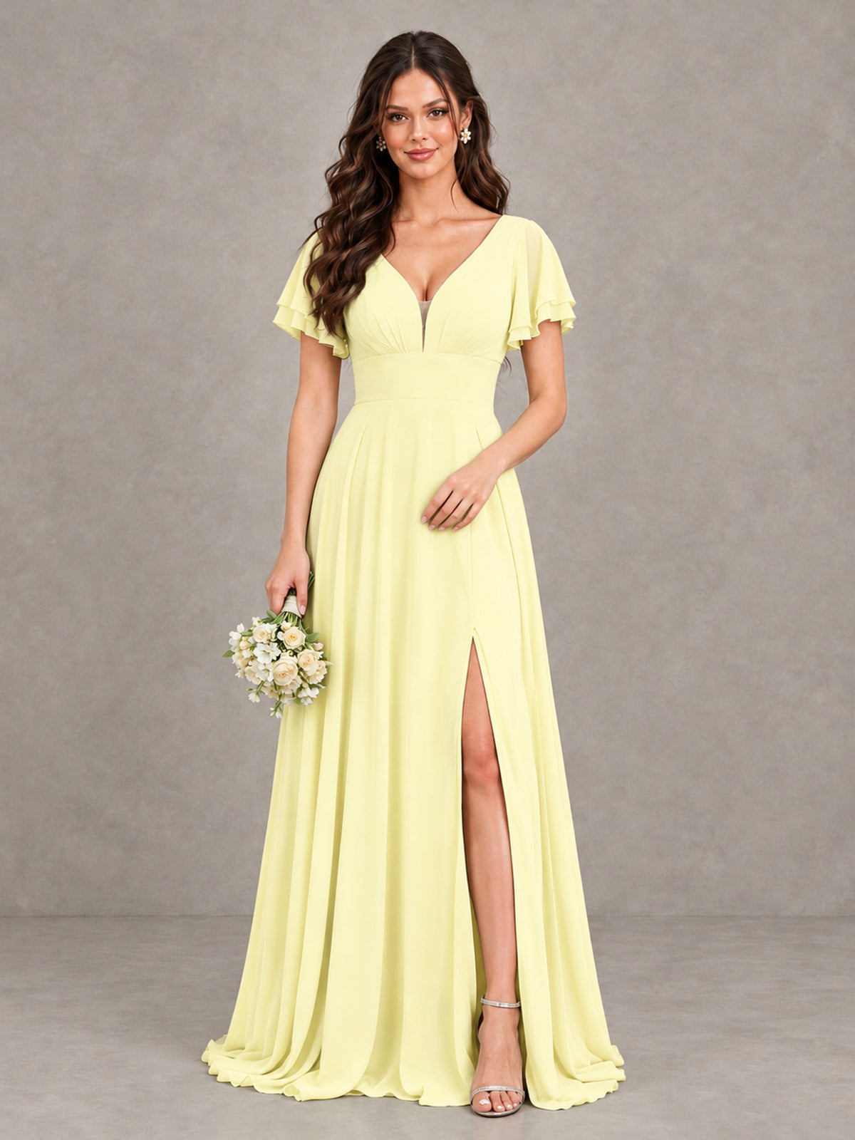 BOLODOO Light Yellow Flutter Sleeve Chiffon A-Line Maxi Bridesmaid Dress with Open Back & Slit - Light Yellow - Light Yellow (1)
