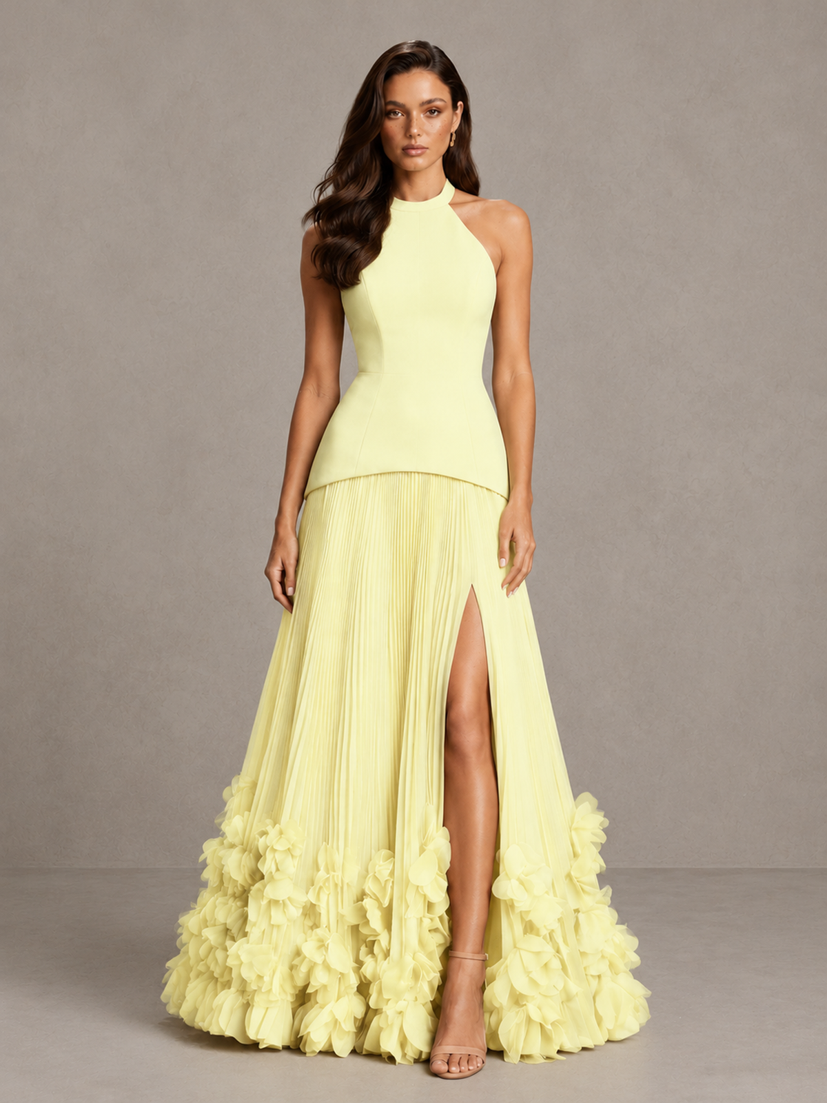 BOLODOO Light Yellow Halter Neck Floor-Length Evening Gown with High Slit & 3D Floral Hem - Light Yellow - Light Yellow (1)