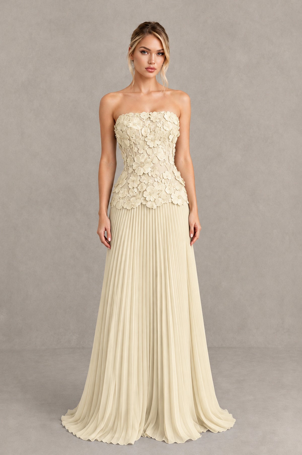 BOLODOO Light Yellow Strapless Floral Applique Pleated Evening Dress - Light Yellow - Light Yellow (1)