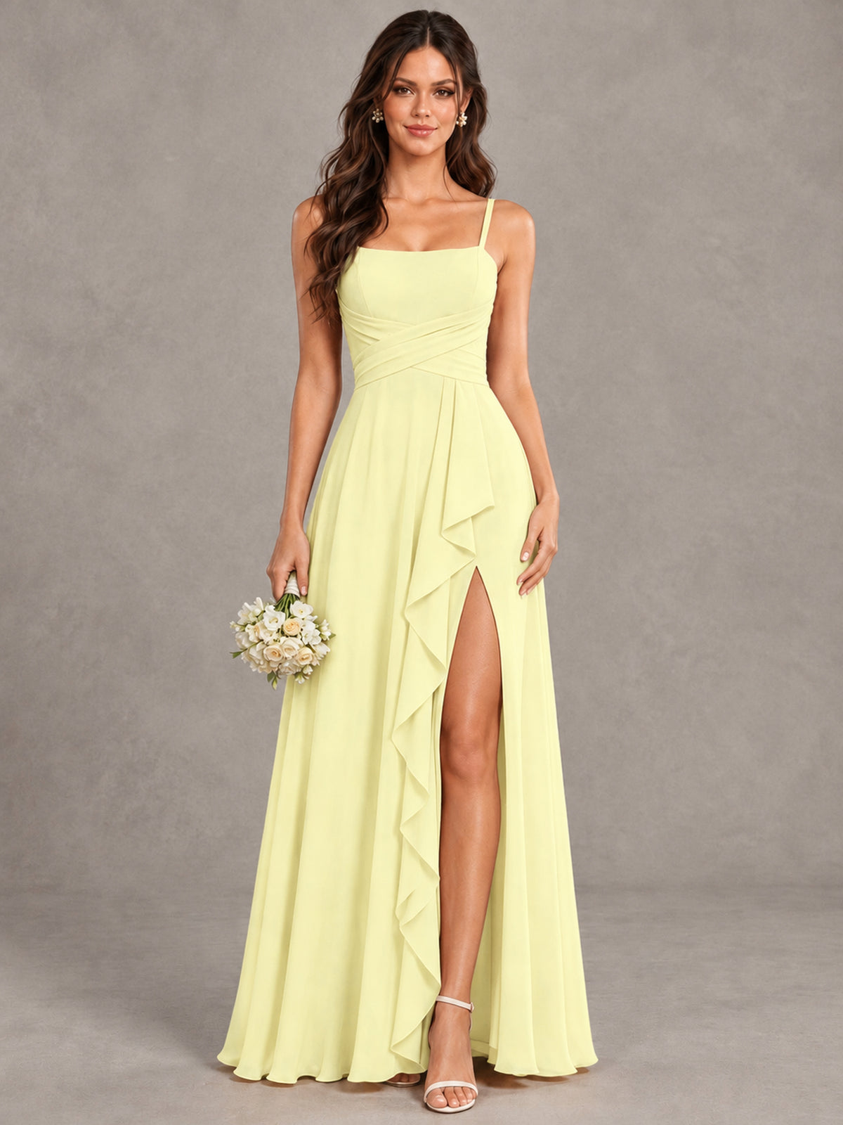 BOLODOO Light Yellow Spaghetti Strap Ruffle Bridesmaid Dress with Slit - Light Yellow - Light Yellow (1)