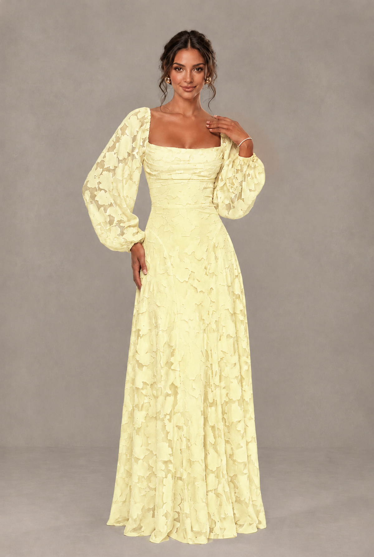 BOLODOO Floral Light Yellow Long Sleeve A-Line Dress with Lace-Up Back - Light Yellow