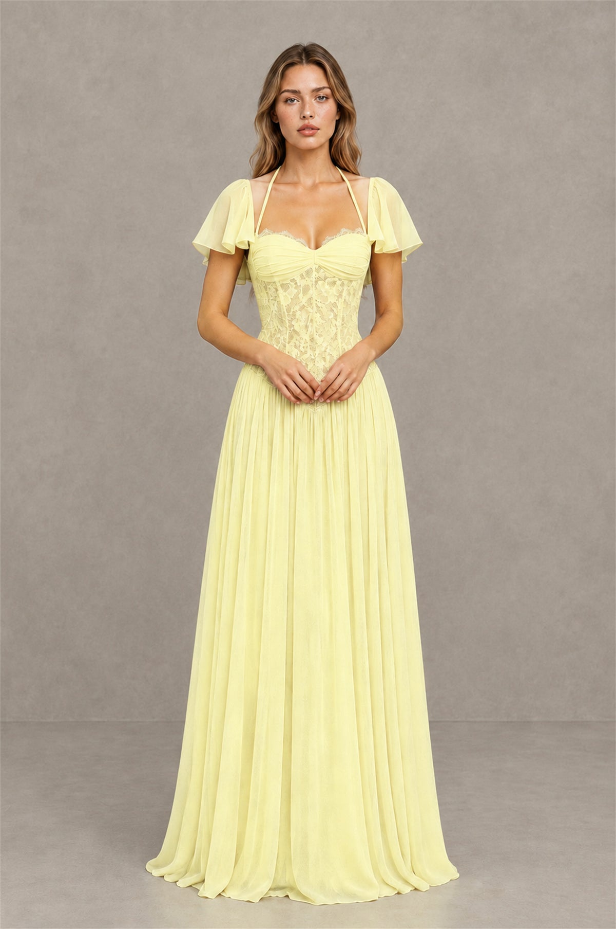BOLODOO Light Yellow Flutter Sleeve Lace Corset A-Line Maxi Dress - Light Yellow - Light Yellow (1)