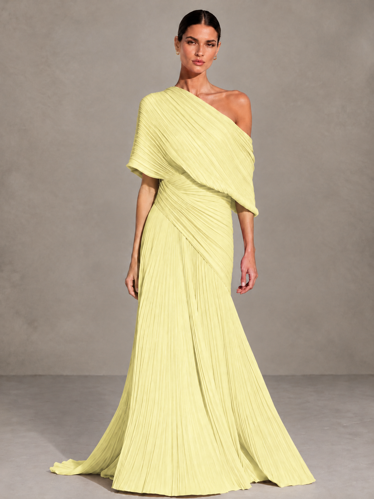 BOLODOO Light Yellow One-Shoulder Pleated Cape Evening Gown with Train - Light Yellow - Light Yellow (1)