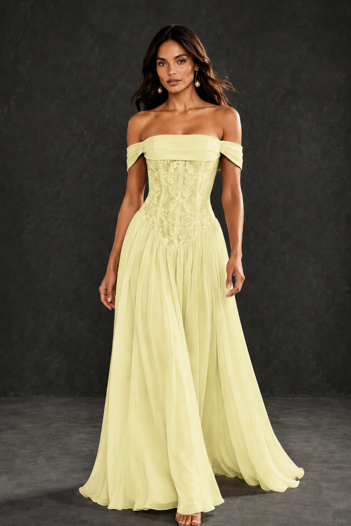BOLODOO Light Yellow Off-Shoulder Lace Corset Tulle Maxi Dress - Light Yellow