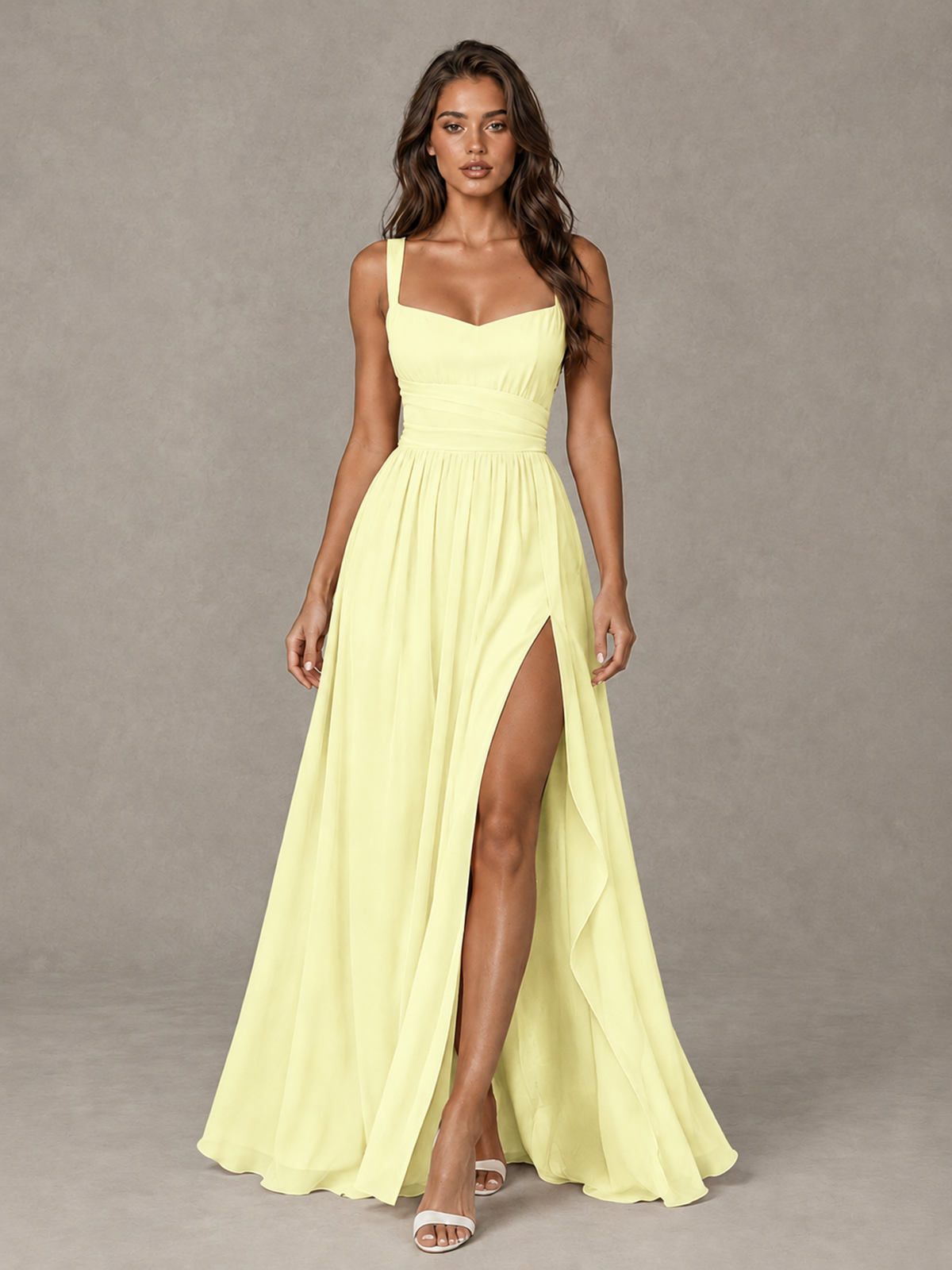 BOLODOO Light Yellow A-Line Bridesmaid Dress with High Slit & Lace-Up Back - Light Yellow - Light Yellow (1)