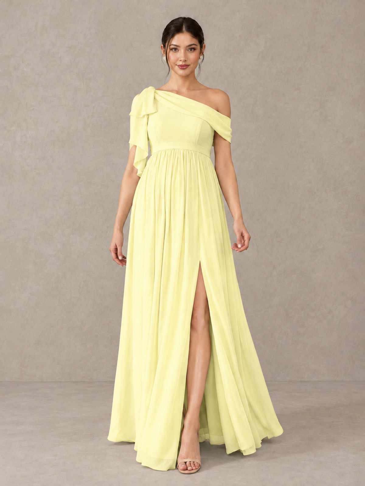 BOLODOO Light Yellow One-Shoulder Maternity Bridesmaid Dress with Slit - Light Yellow - Light Yellow (1)