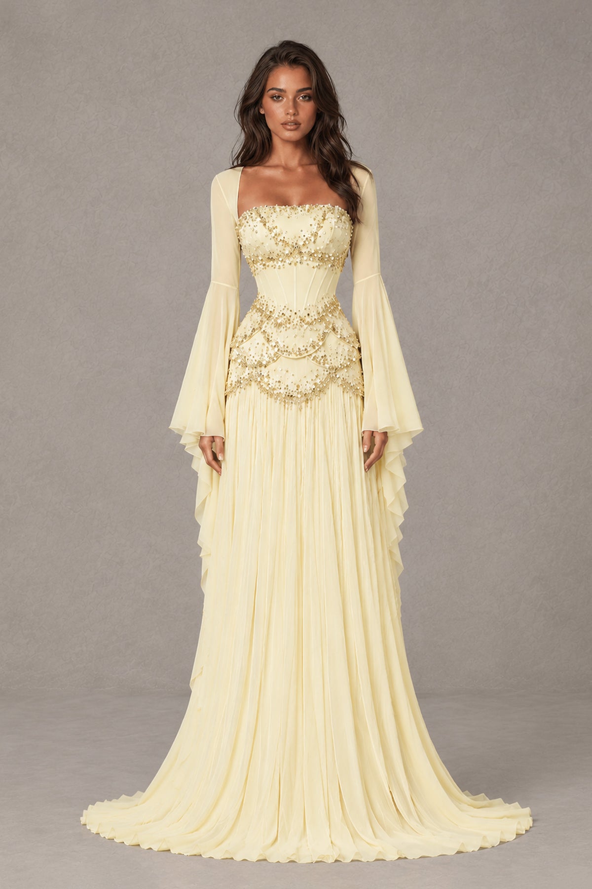 BOLODOO Light Yellow Embellished Corset Gown with Long Bell Sleeves - Light Yellow