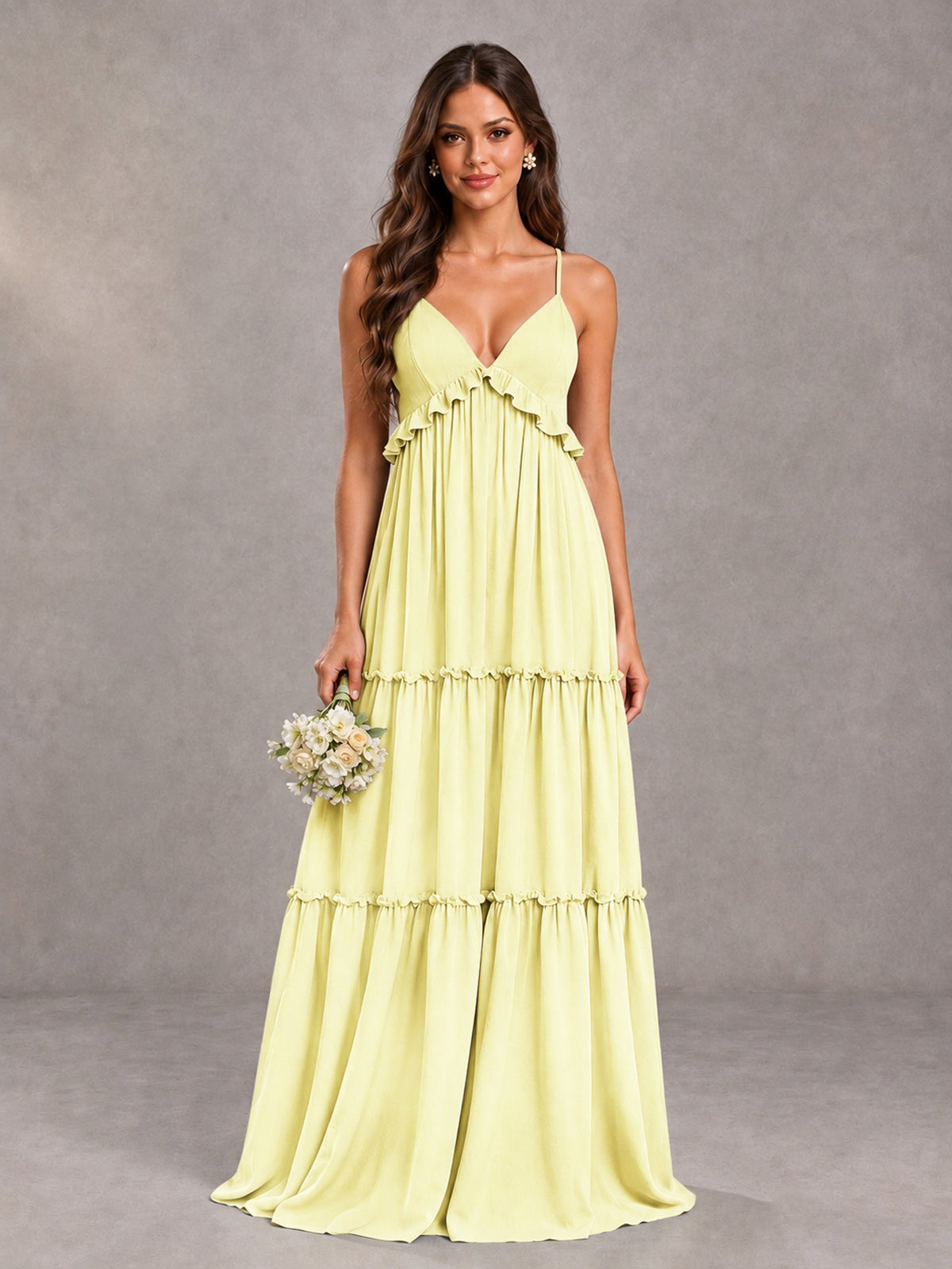 BOLODOO Light Yellow Tiered V-Neck Lace-Up Back Bridesmaid Dress - Light Yellow - Light Yellow (1)