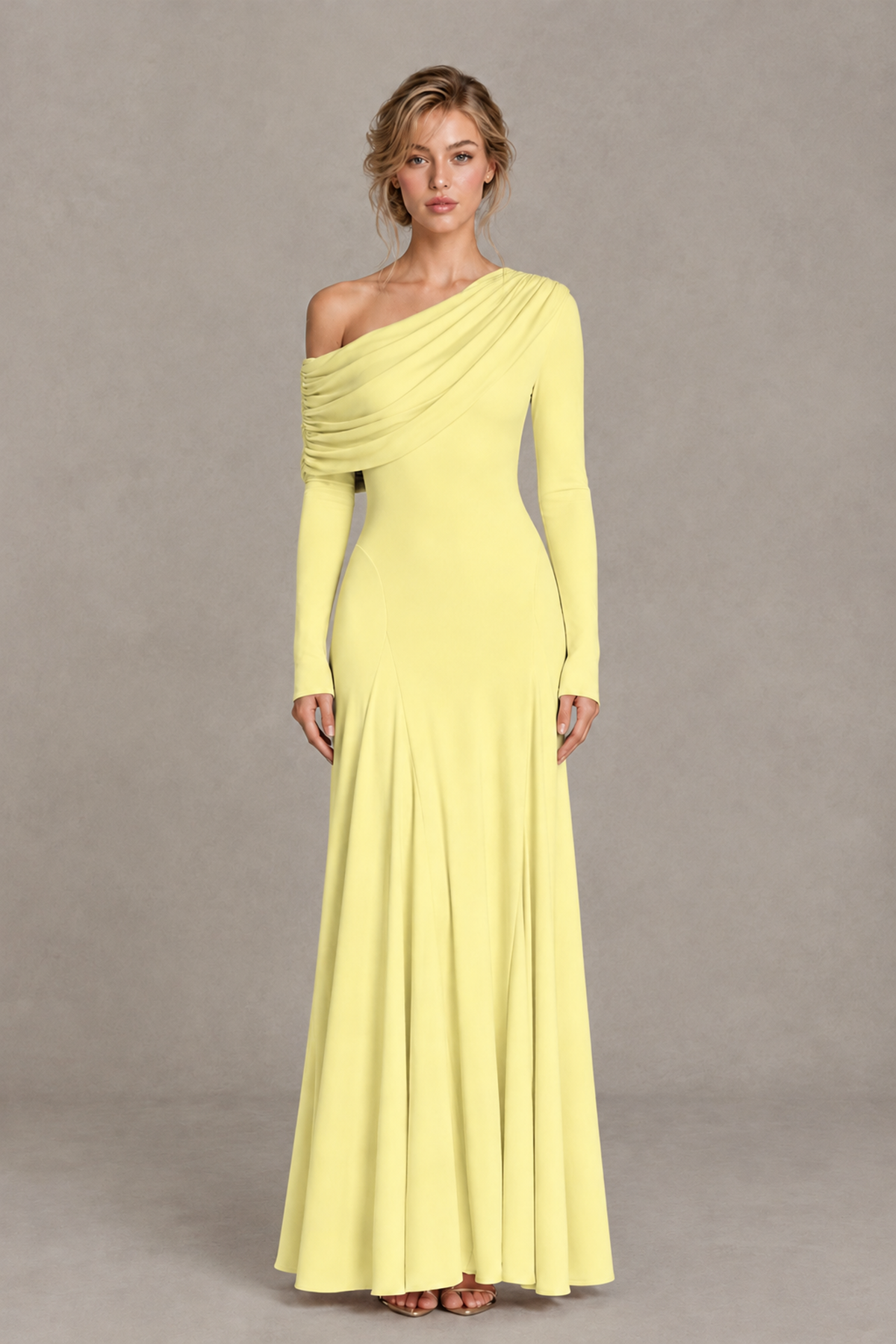 BOLODOO Light Yellow Asymmetric Draped Long Sleeve Evening Gown - Light Yellow