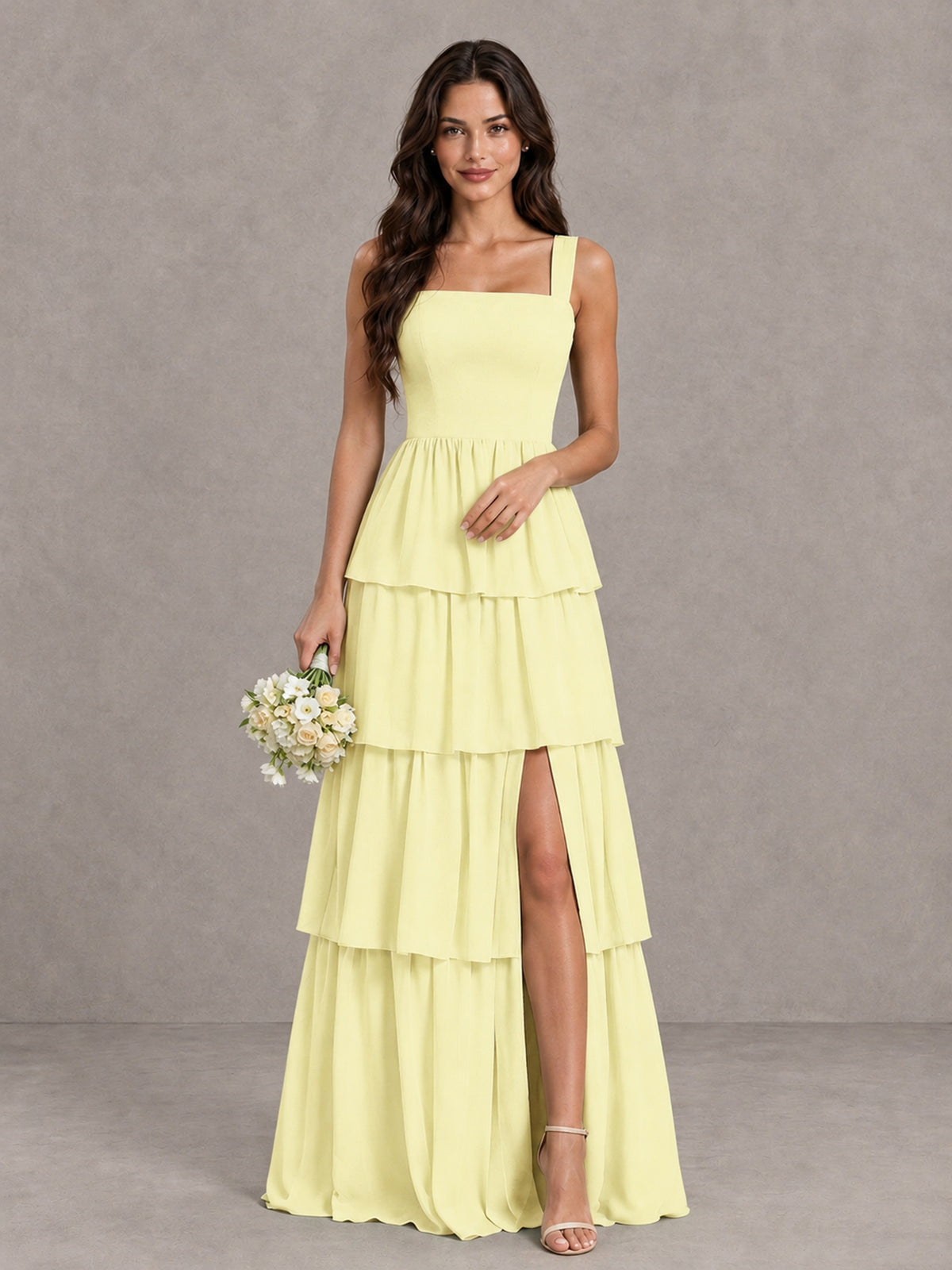 BOLODOO Light Yellow Square Neck Tiered Bridesmaid Dress with Slit - Light Yellow - Light Yellow (1)
