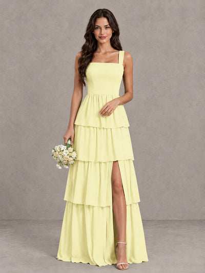 BOLODOO Light Yellow Square Neck Tiered Bridesmaid Dress with Slit - Light Yellow - Light Yellow (1)