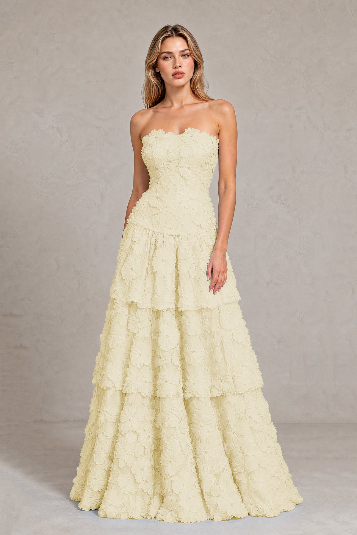 BOLODOO Light Yellow Strapless 3D Floral Tiered Evening Gown - Light Yellow
