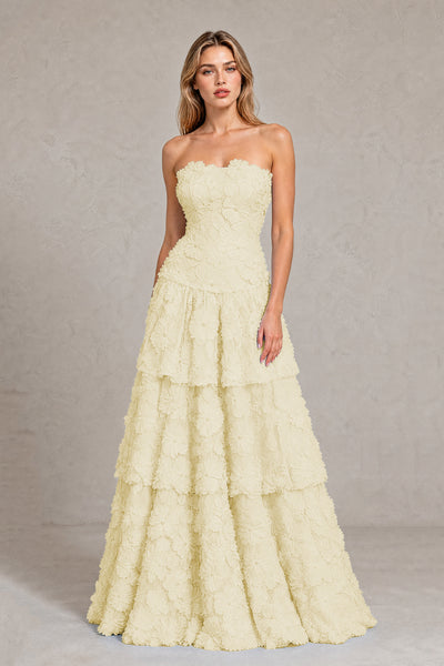 BOLODOO Light Yellow Strapless 3D Floral Tiered Evening Gown - Light Yellow