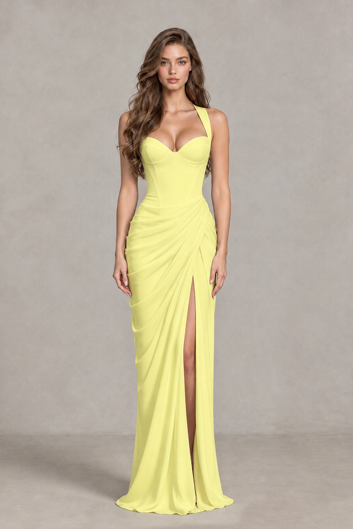 BOLODOO Chocolate Light Yellow Sweetheart Maxi Dress with High Slit - Light Yellow