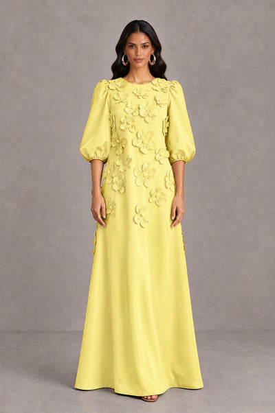 BOLODOO Light Yellow Floral Applique Puff Sleeve A-Line Evening Dress - Light Yellow - Light Yellow (1)