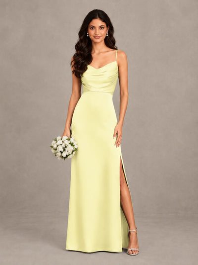 BOLODOO Light Yellow Cowl Neck Satin Bridesmaid Dress with Slit - Light Yellow - Light Yellow (1)