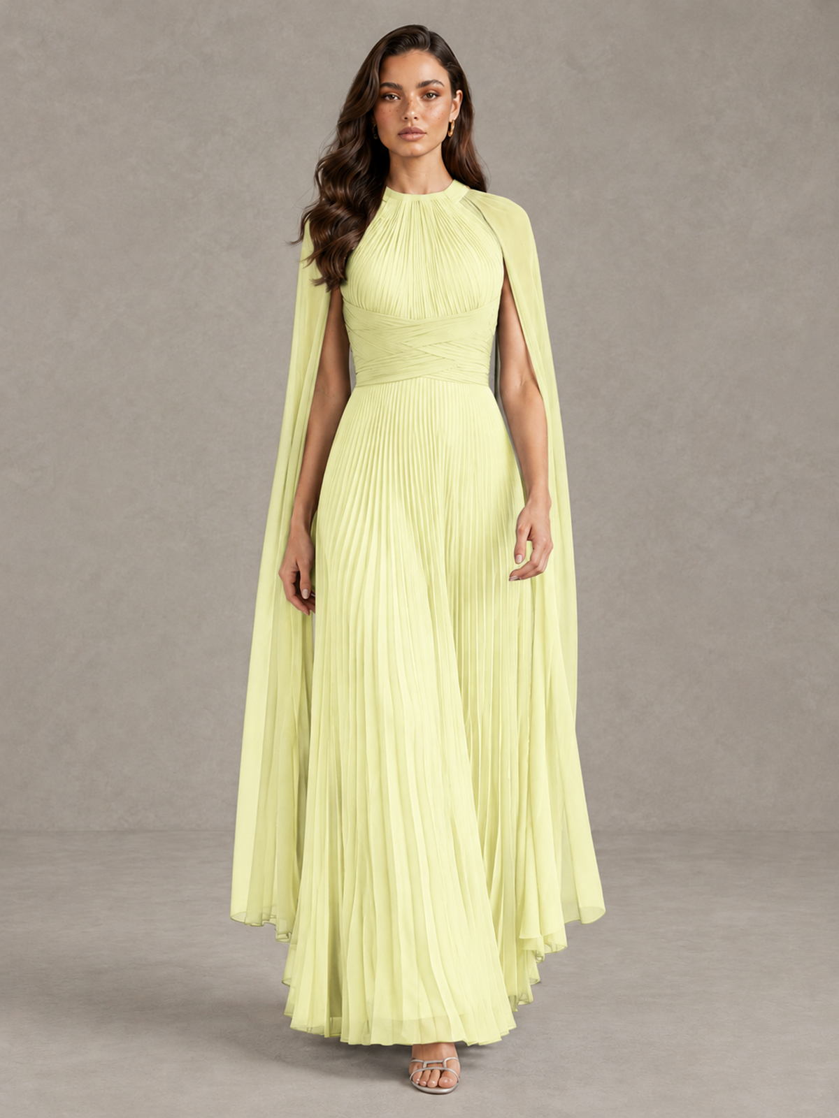 BOLODOO Light Yellow Pleated Cape Maxi Wedding Guest Dress - Light Yellow - Light Yellow (1)