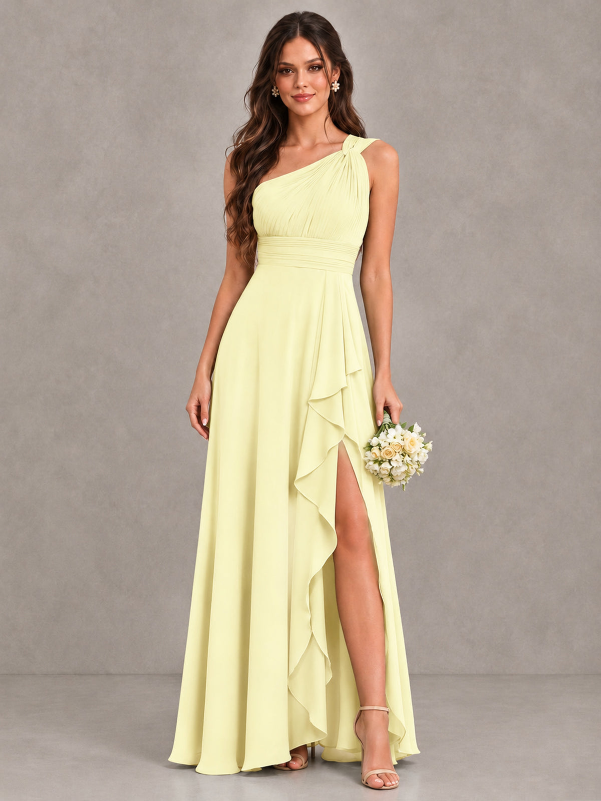 BOLODOO Light Yellow One-Shoulder Ruffle Bridesmaid Dress with Slit - Light Yellow - Light Yellow (1)