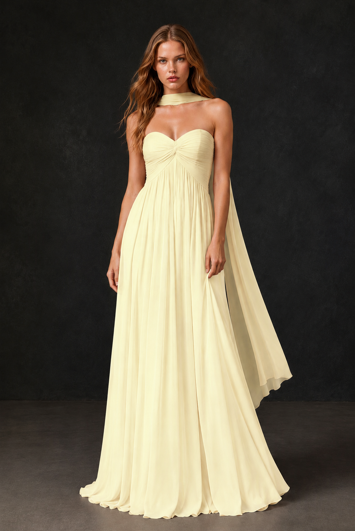 BOLODOO Light Yellow Sweetheart Strapless Twist Knot Detached Halter Scarf Lace-Up Back Empire Waist Chiffon Maxi Dress - Light Yellow