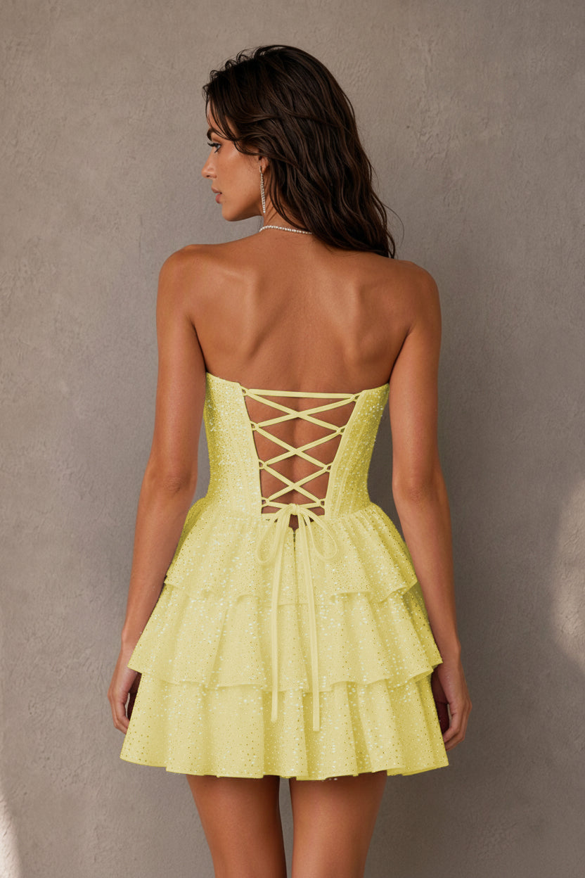 BOLODOO Navy Rhinestone Strapless Corset Tiered Ruffle Lace-Up Back Homecoming Mini Dress - Light Yellow - Light Yellow