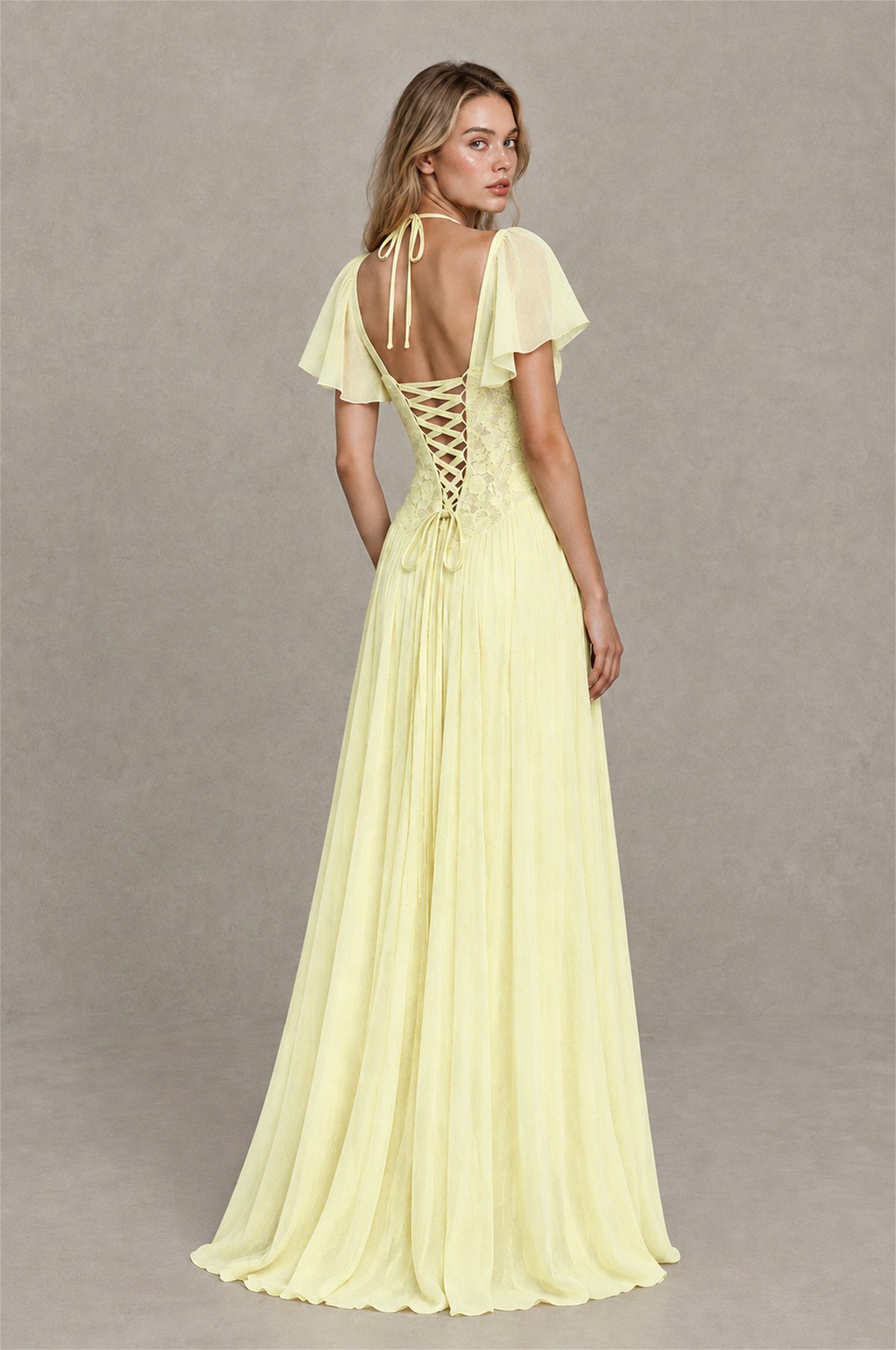BOLODOO Light Yellow Flutter Sleeve Lace Corset A-Line Maxi Dress - Light Yellow - Light Yellow (2)
